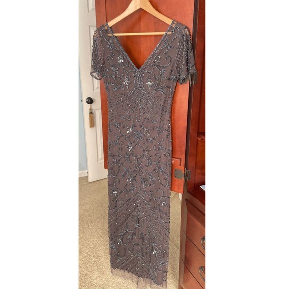 Pisarro Nights Beaded Mesh Column Gown Slate/Gray Size 2 - Picture 2 of 3